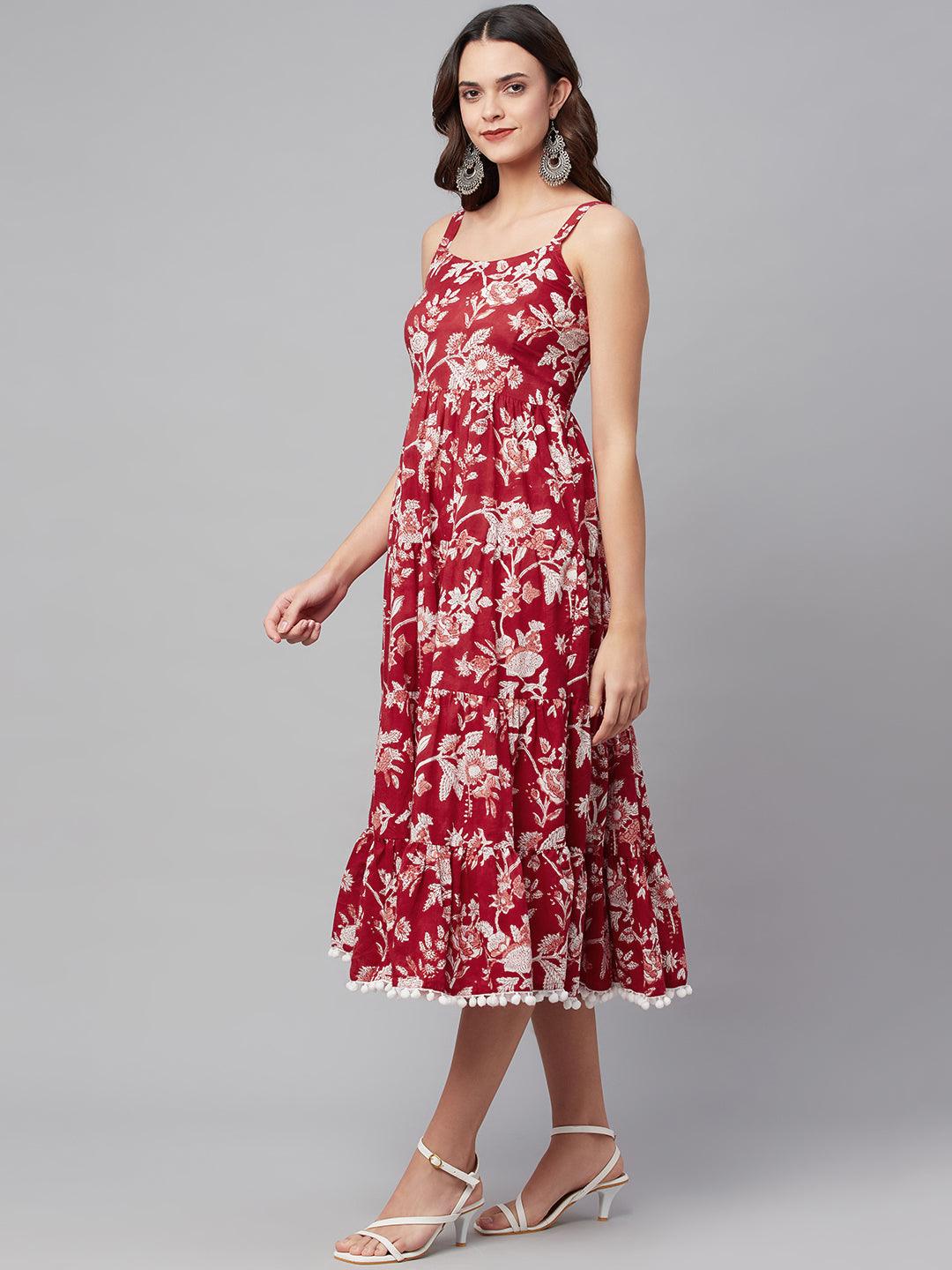 Divena Red Floral Printed Shoulder Strap Long dress - divena world-Mohi