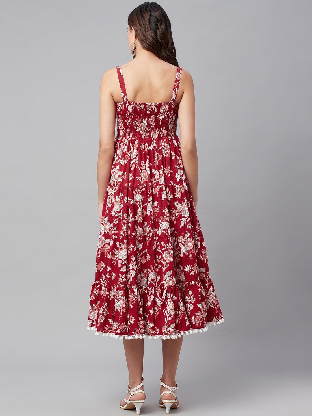 Divena Red Floral Printed Shoulder Strap Long dress - divena world-Mohi