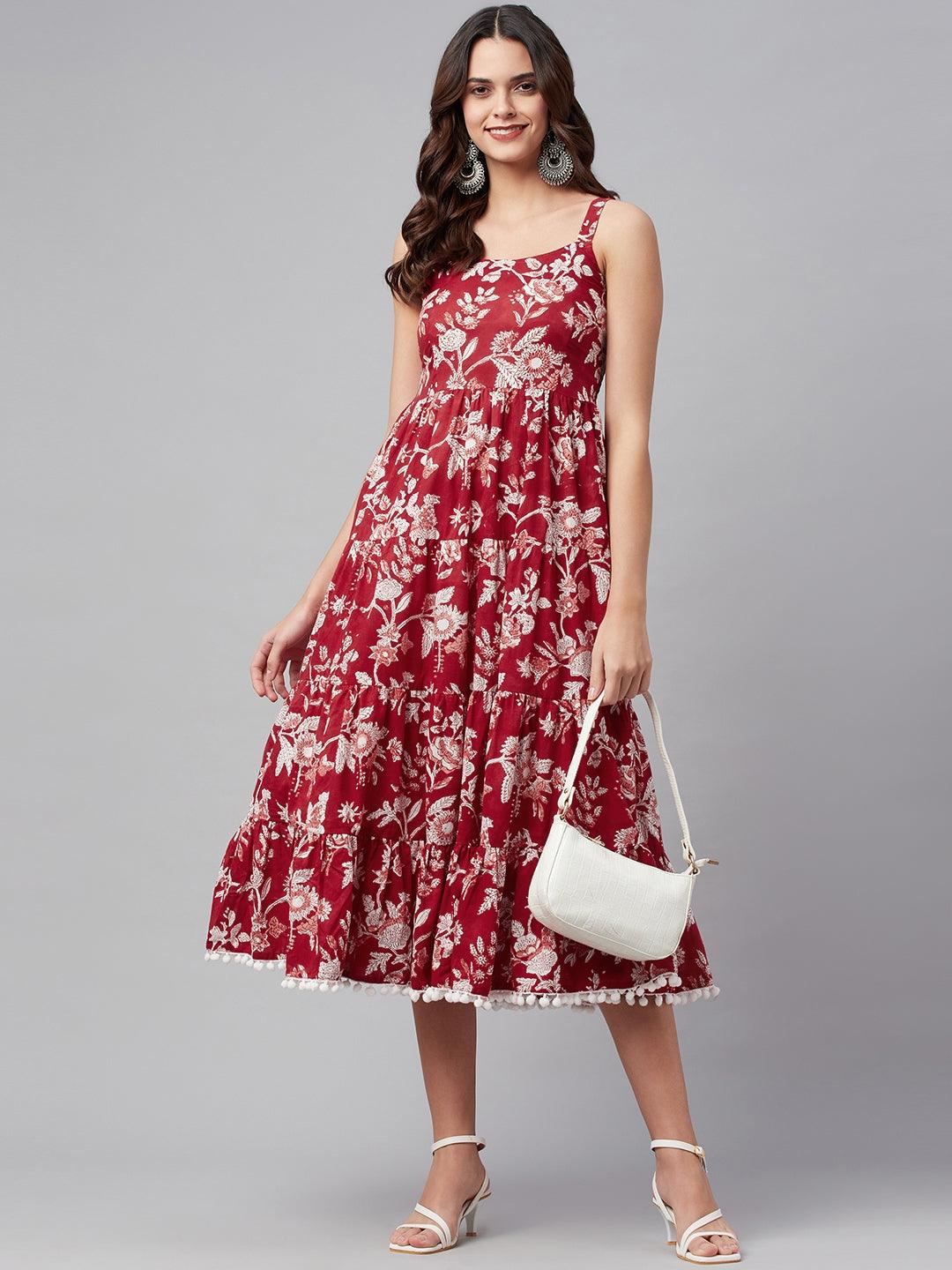 Divena Red Floral Printed Shoulder Strap Long dress - divena world-Mohi