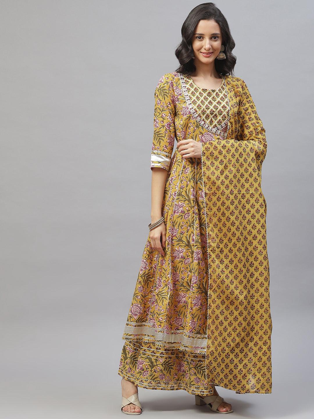 Divena Mustard Cotton Anarkali Kurta Palazzo Set With Dupatta - divena world-Mohi