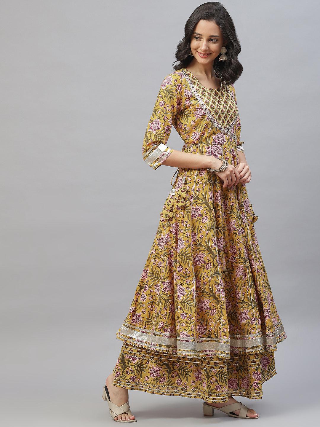 Divena Mustard Cotton Anarkali Kurta Palazzo Set With Dupatta - divena world-Mohi