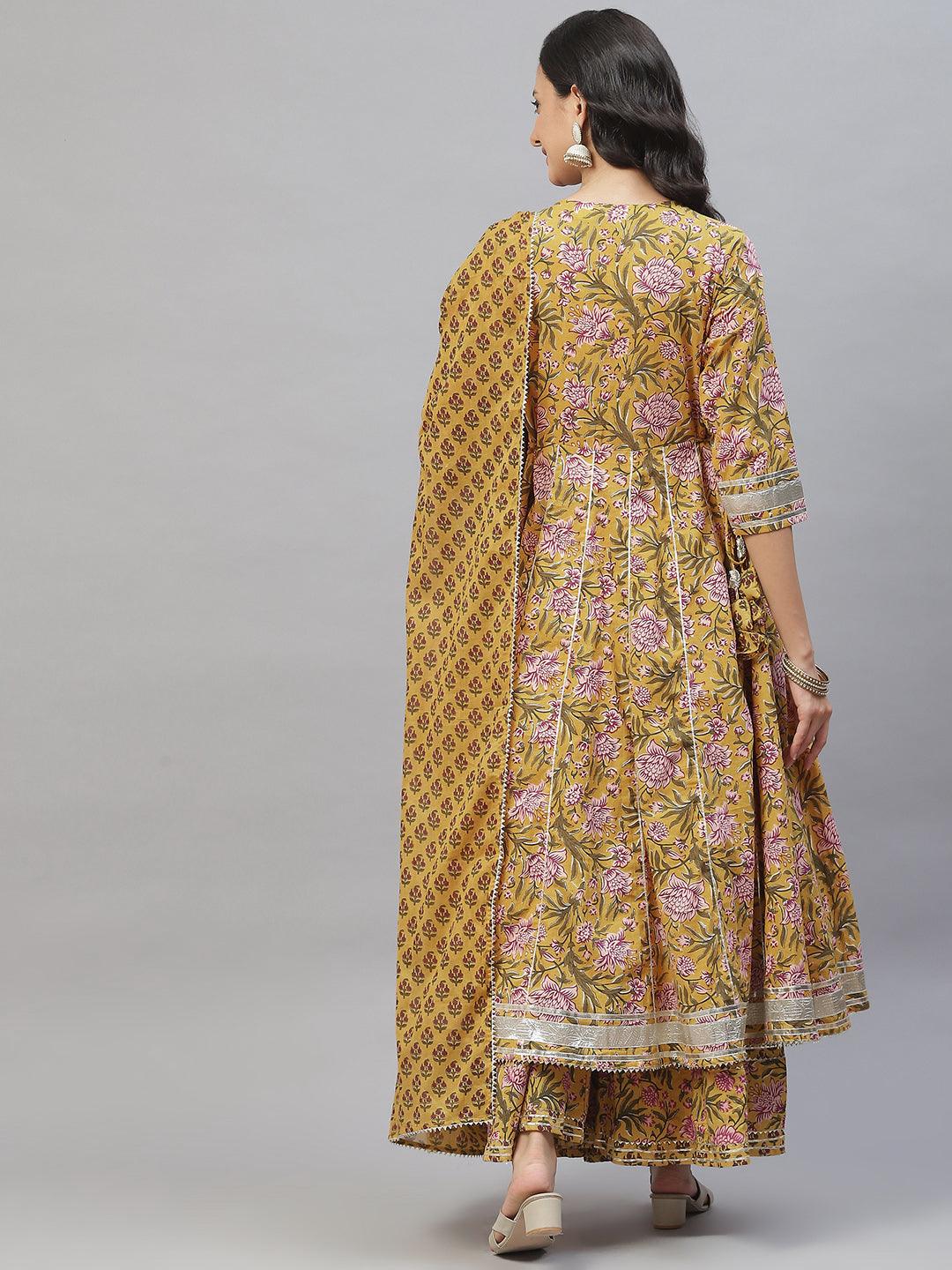 Divena Mustard Cotton Anarkali Kurta Palazzo Set With Dupatta - divena world-Mohi