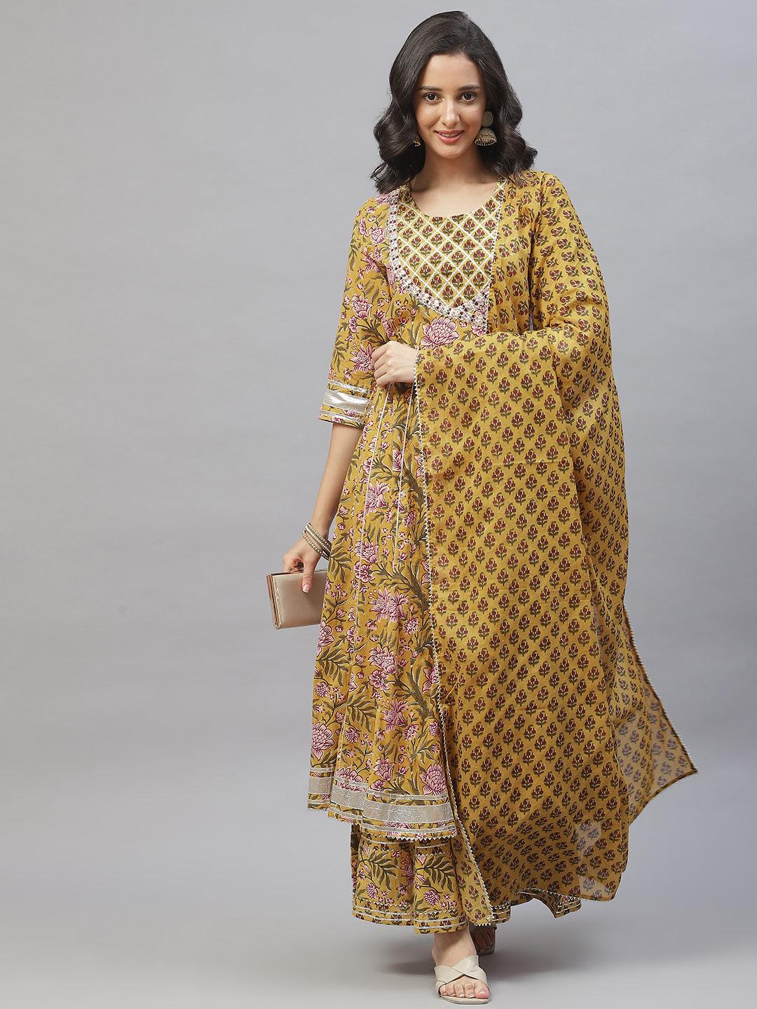 Divena Mustard Cotton Anarkali Kurta Palazzo Set With Dupatta - divena world-Mohi