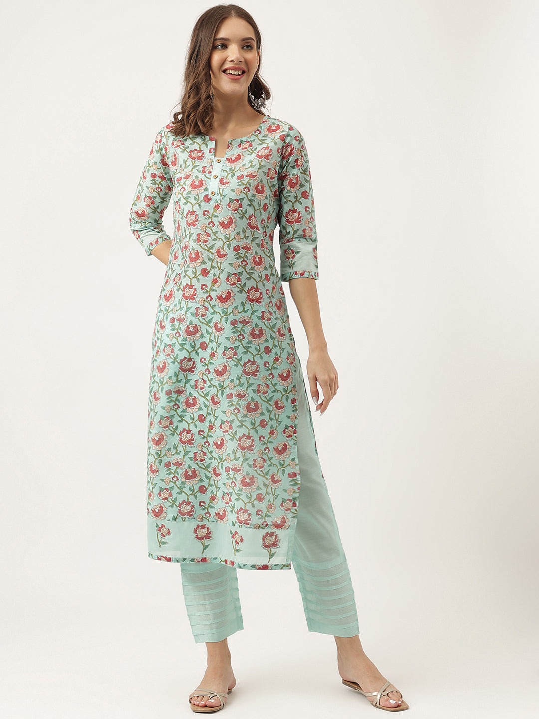 Green Chanderi Floral Printed Kurta with Pant Set