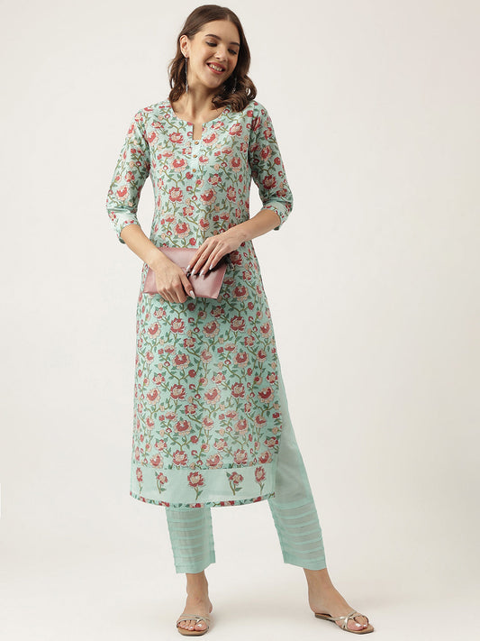 Green Chanderi Floral Printed Kurta with Pant Set