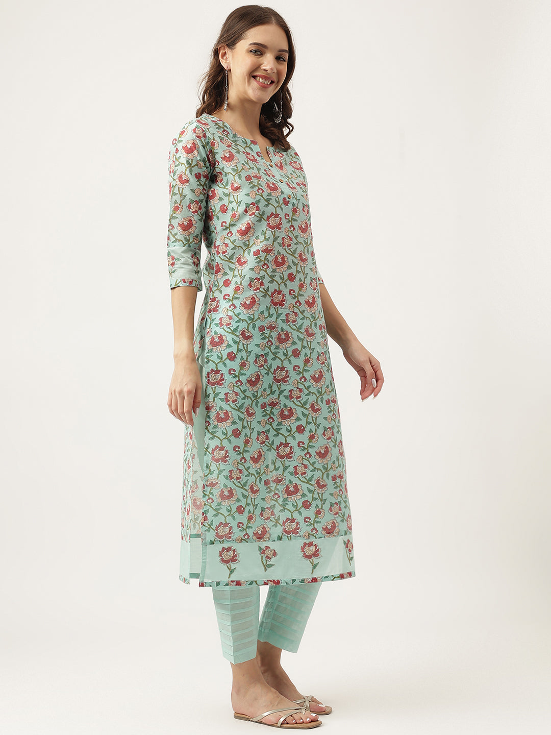 Green Chanderi Floral Printed Kurta with Pant Set