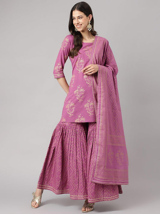 Divena Purple Foil Print Cotton Sharara Set with Dupatta - divena world-Mohi