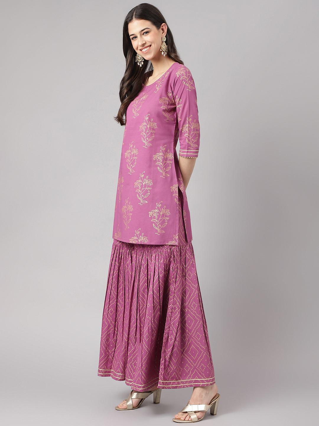 Divena Purple Foil Print Cotton Sharara Set with Dupatta - divena world-Mohi