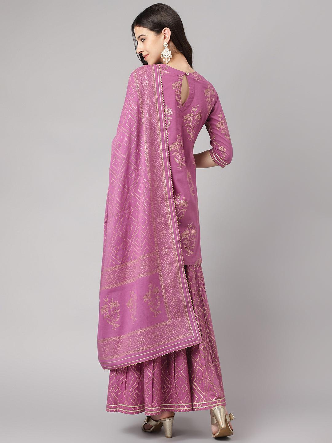 Divena Purple Foil Print Cotton Sharara Set with Dupatta - divena world-Mohi