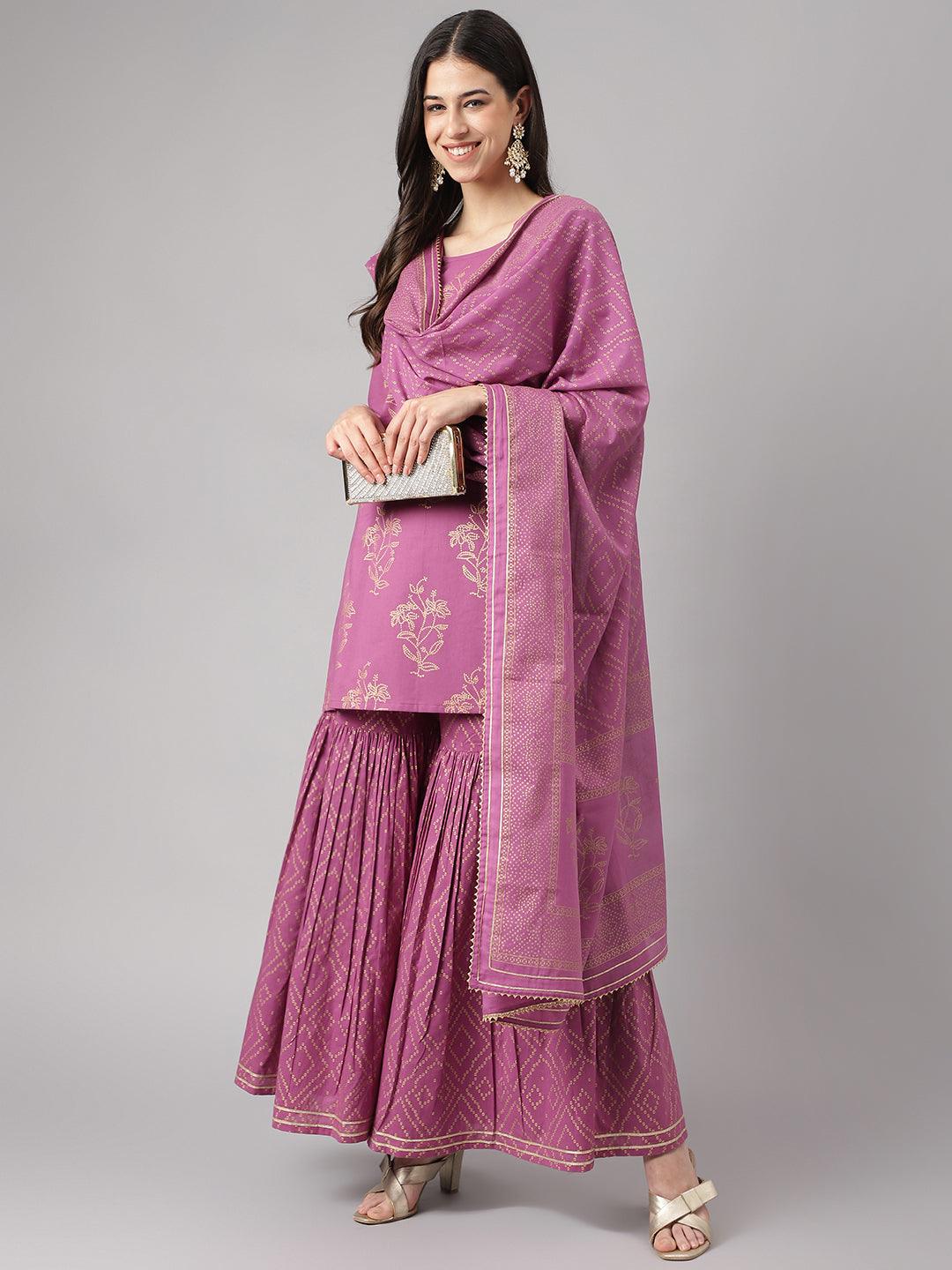 Divena Purple Foil Print Cotton Sharara Set with Dupatta - divena world-Mohi