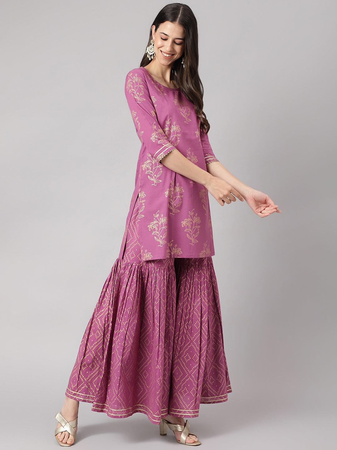 Divena Purple Foil Print Cotton Sharara Set with Dupatta - divena world-Mohi