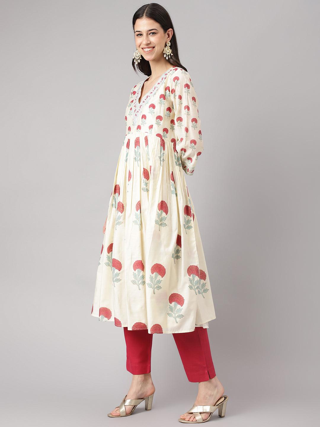 Divena Cream Chanderi Floral Anarkali Kurta Pant Set with Dupatta - divena world-Mohi