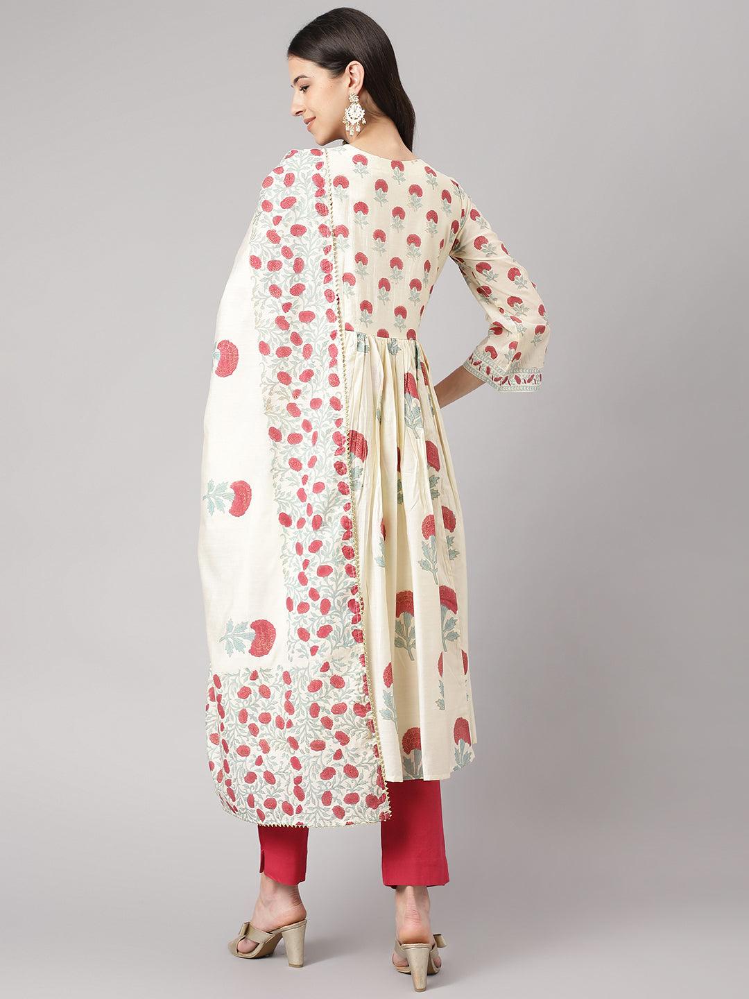 Divena Cream Chanderi Floral Anarkali Kurta Pant Set with Dupatta - divena world-Mohi