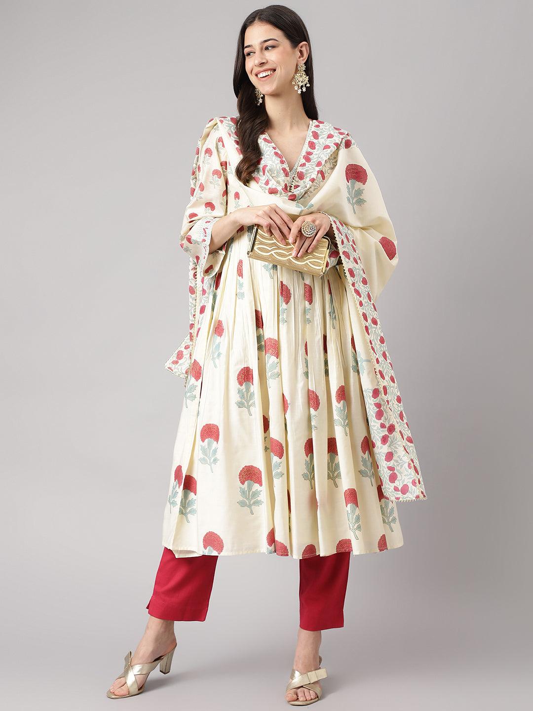 Divena Cream Chanderi Floral Anarkali Kurta Pant Set with Dupatta - divena world-Mohi