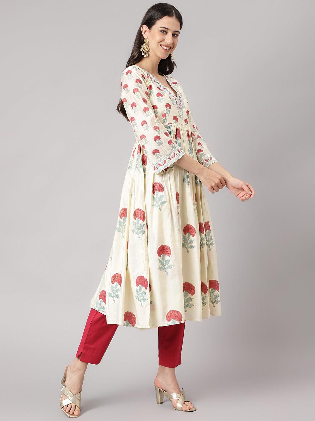 Divena Cream Chanderi Floral Anarkali Kurta Pant Set with Dupatta - divena world-Mohi