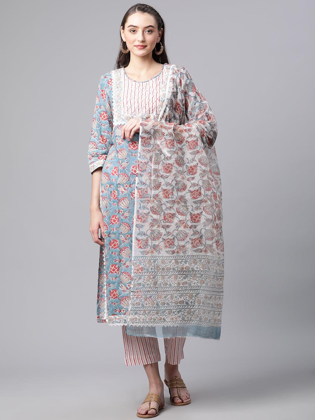 Divena Turquoise Blue Hand Block Printed Kurta Pant Set with Dupatta - divena world-Mohi