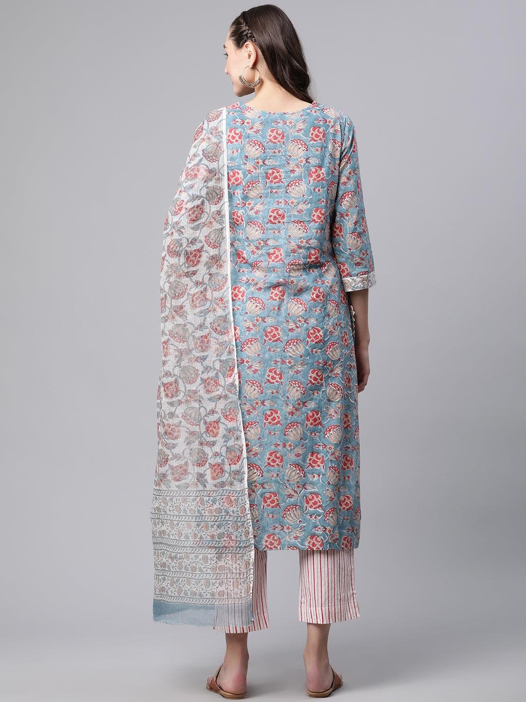 Divena Turquoise Blue Hand Block Printed Kurta Pant Set with Dupatta - divena world-Mohi