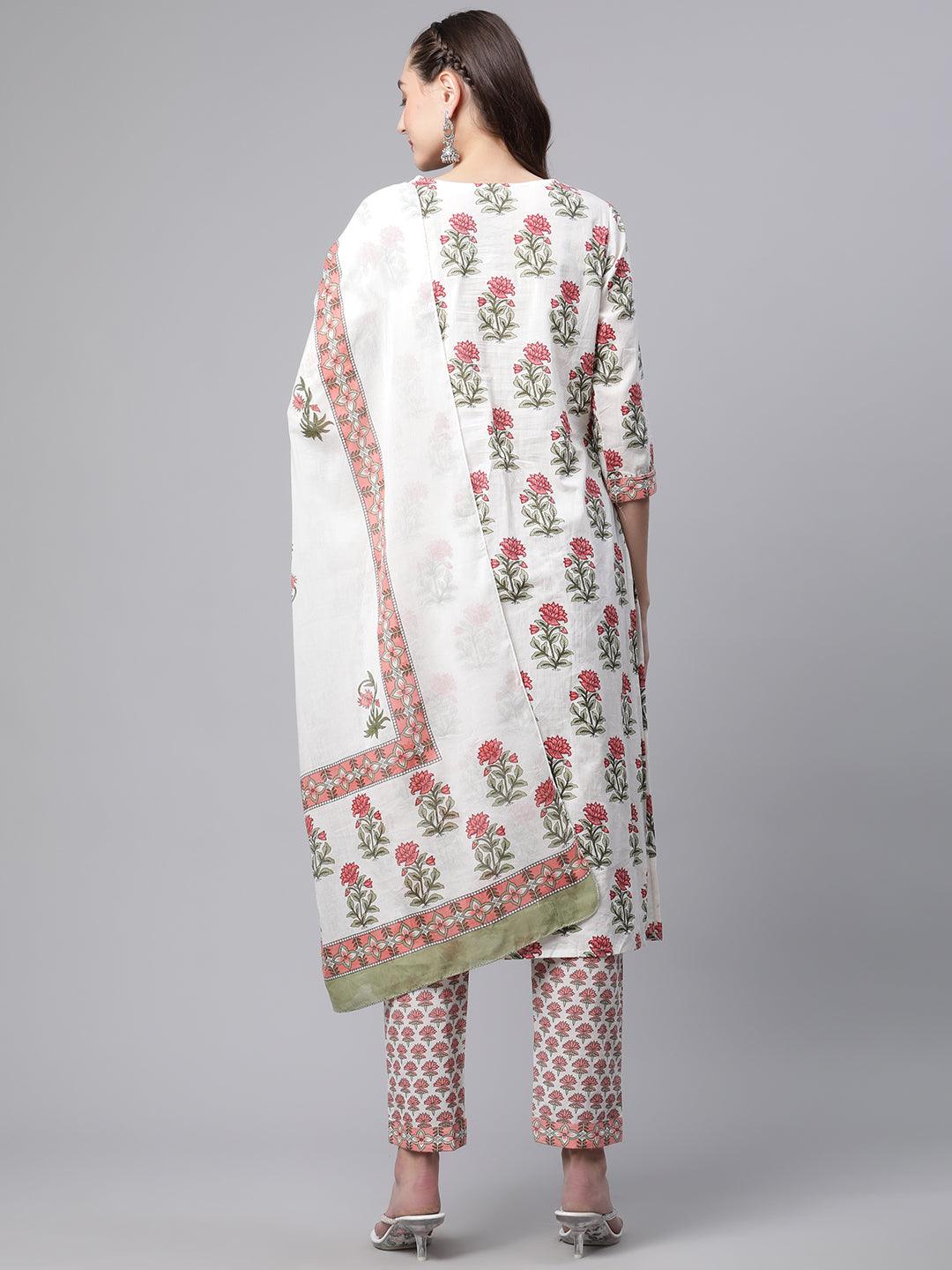 Divena White Floral Kurta pant set with Mulmul Dupatta - divenaworld.com