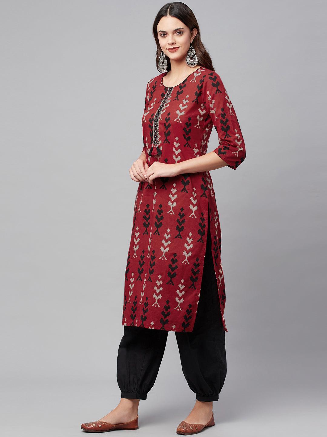 Divena Maroon Cotton Straight Kurta Hem Cuffed Pant set - divena world-Mohi