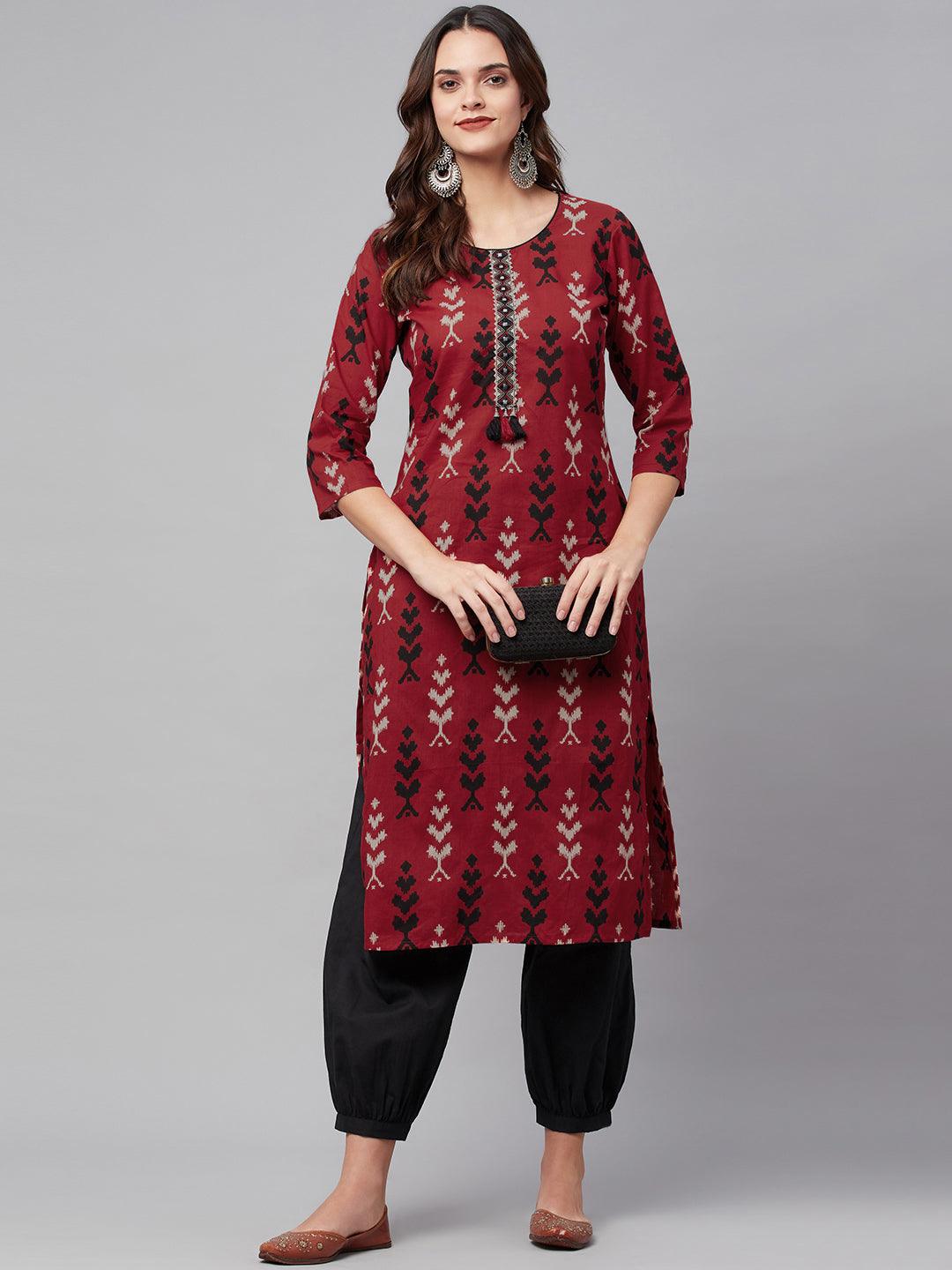 Divena Maroon Cotton Straight Kurta Hem Cuffed Pant set - divena world-Mohi