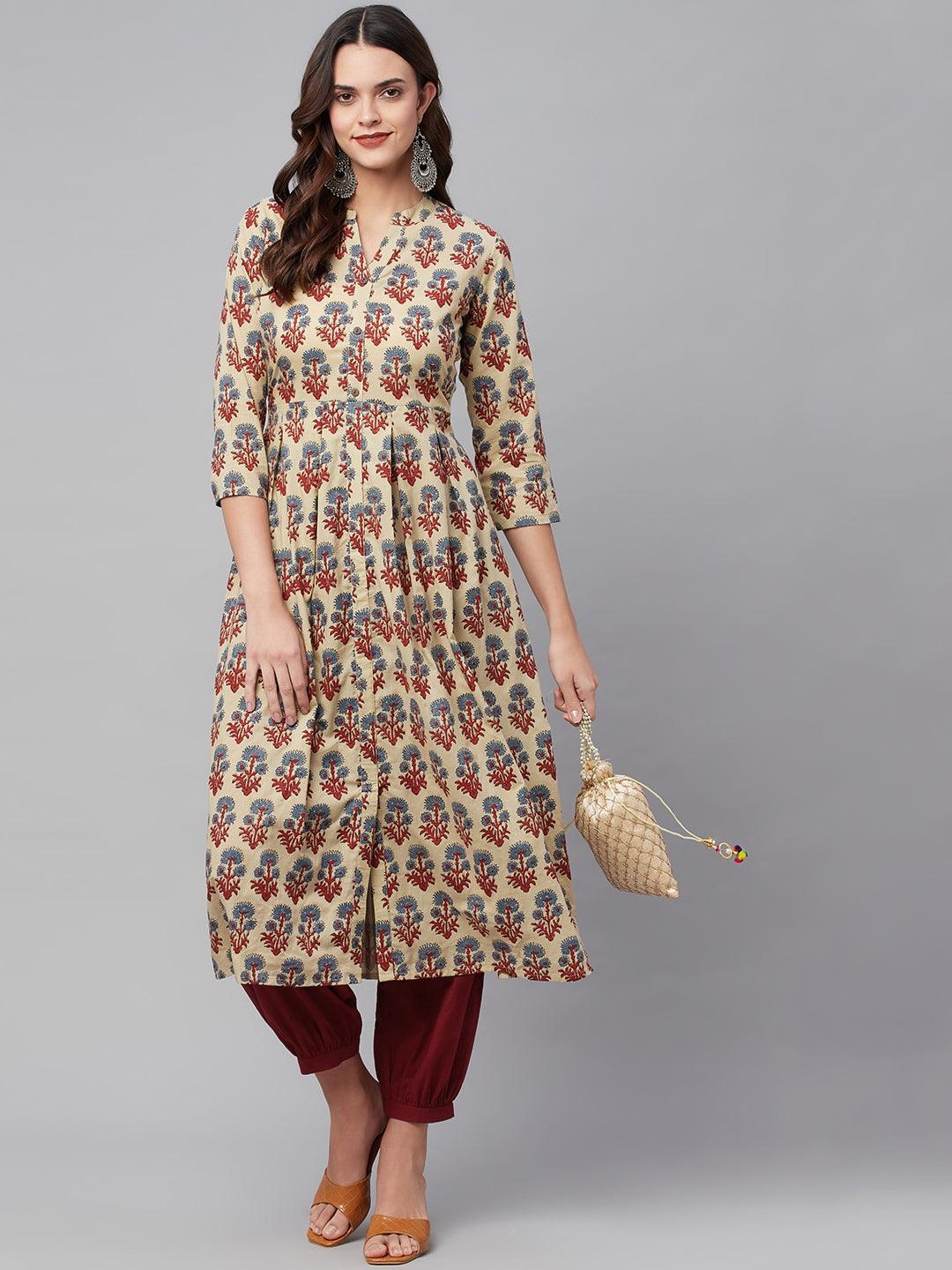 Beige Cotton Kurta With Cuffed Pant Set