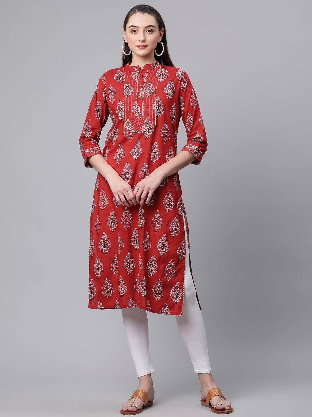 Divena Red Cotton Straight Kurta - divena world-Mohi