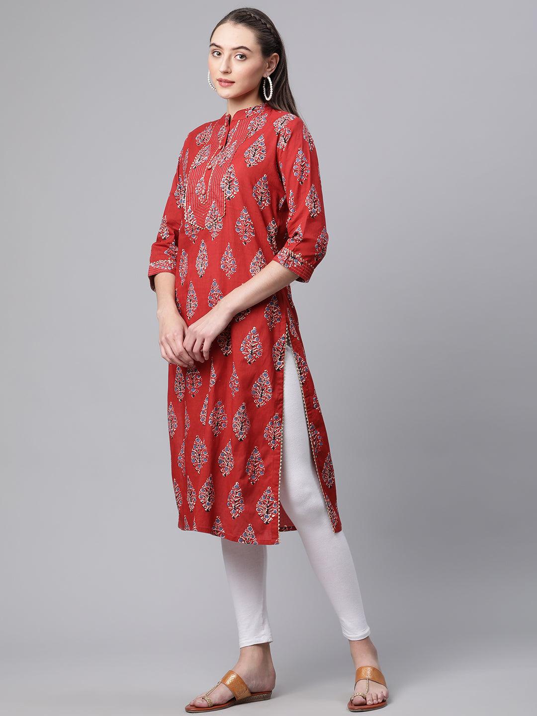 Divena Red Cotton Straight Kurta - divena world-Mohi