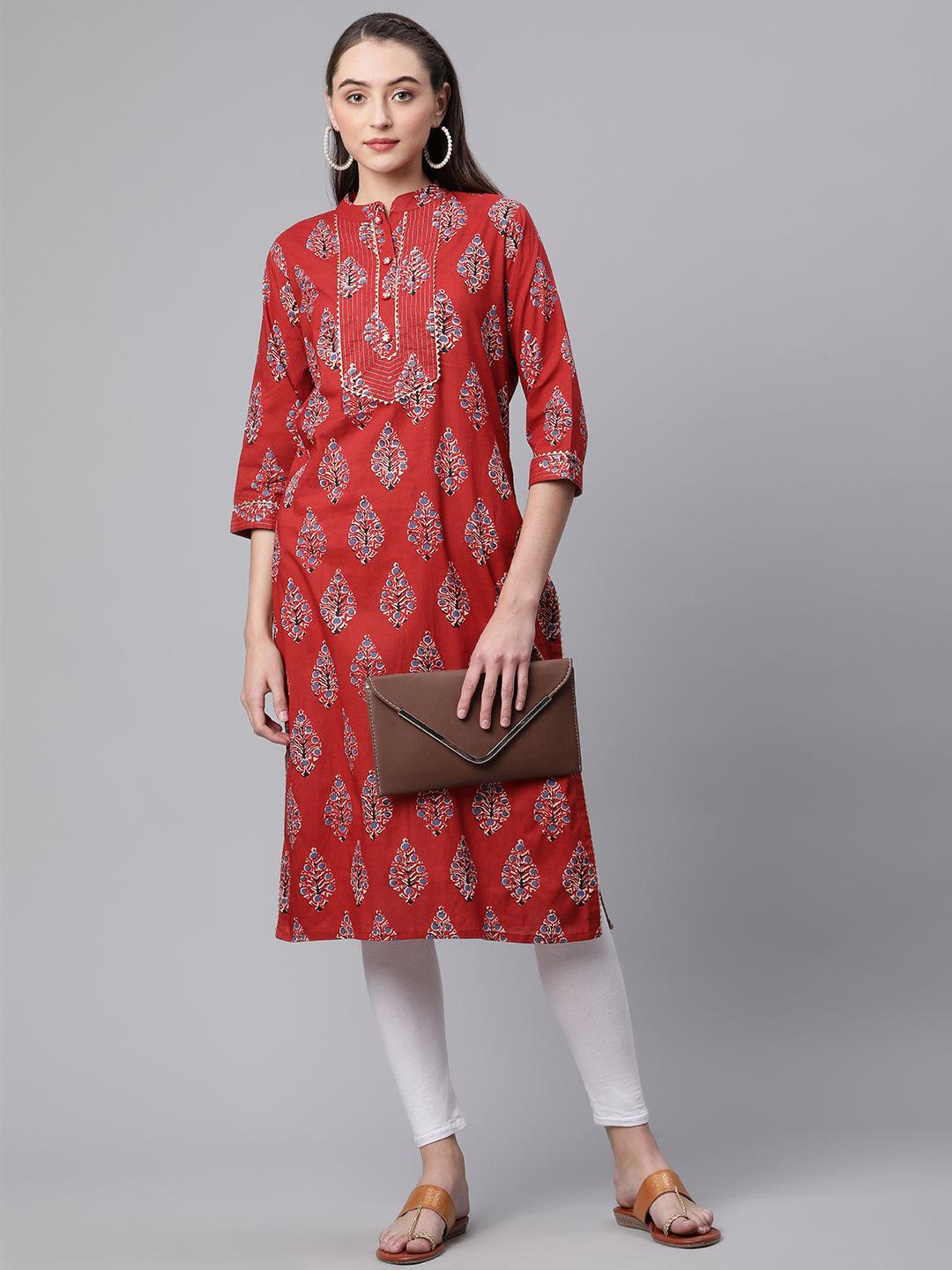 Divena Red Cotton Straight Kurta - divena world-Mohi