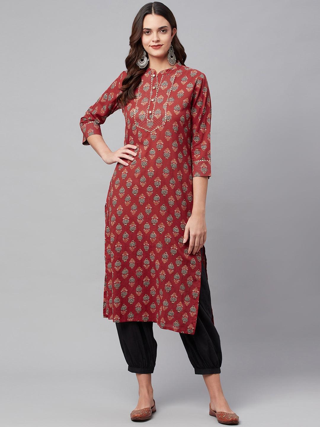 Divena Red Ethnic Cotton Straight Kurta - divena world-Mohi