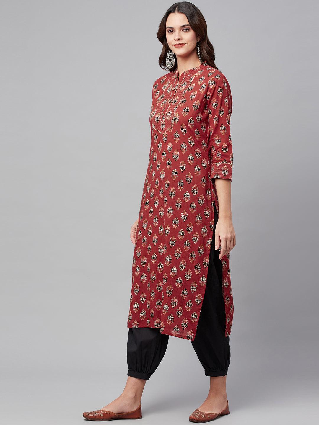 Divena Red Ethnic Cotton Straight Kurta - divena world-Mohi