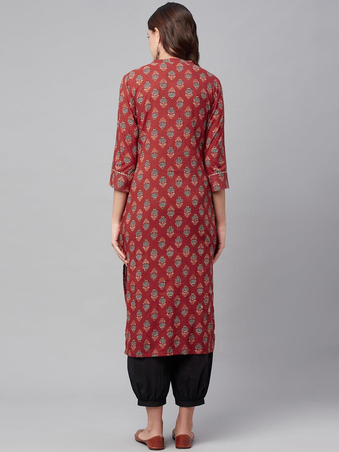 Divena Red Ethnic Cotton Straight Kurta - divena world-Mohi