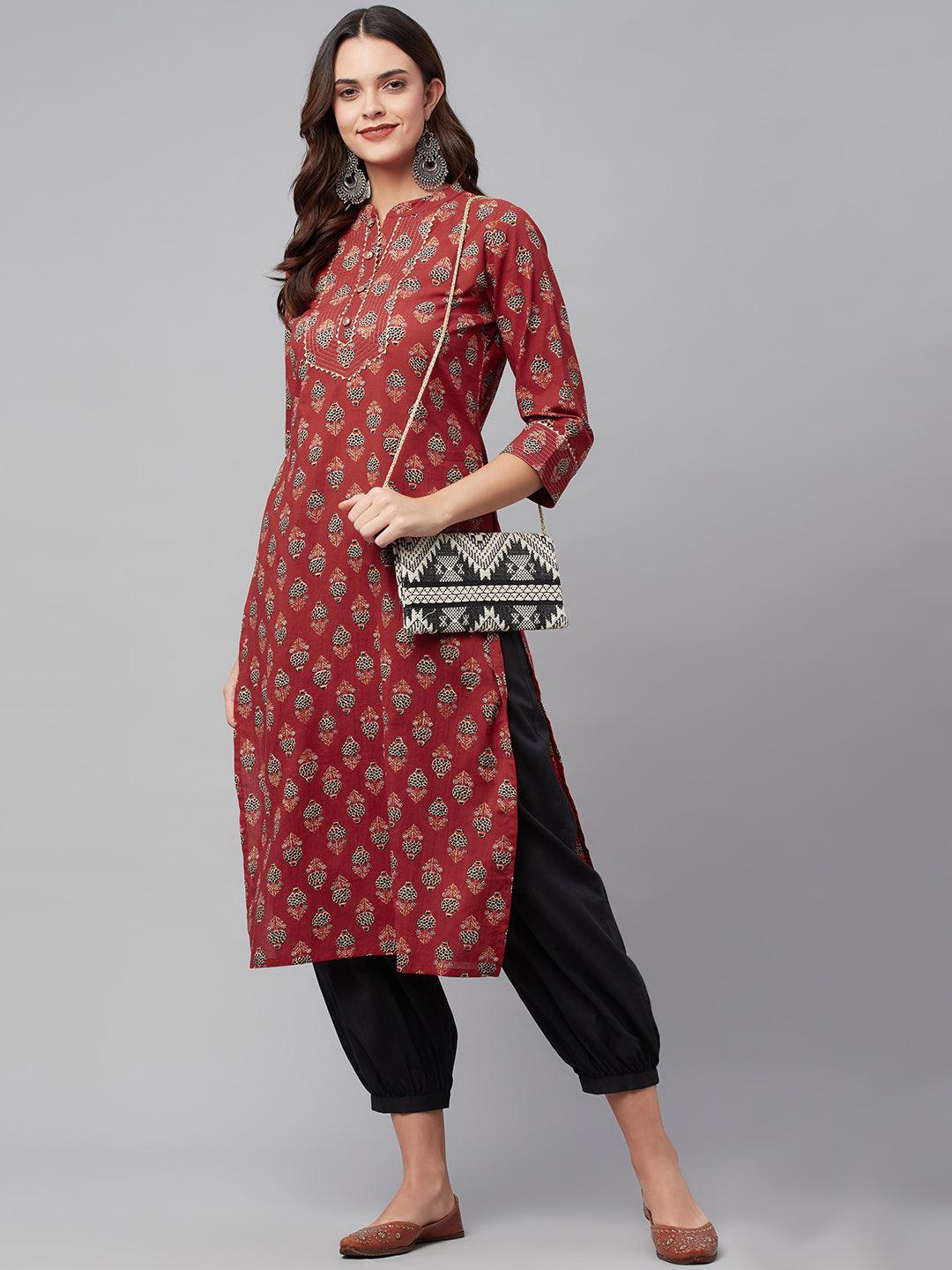 Divena Red Ethnic Cotton Straight Kurta - divena world-Mohi