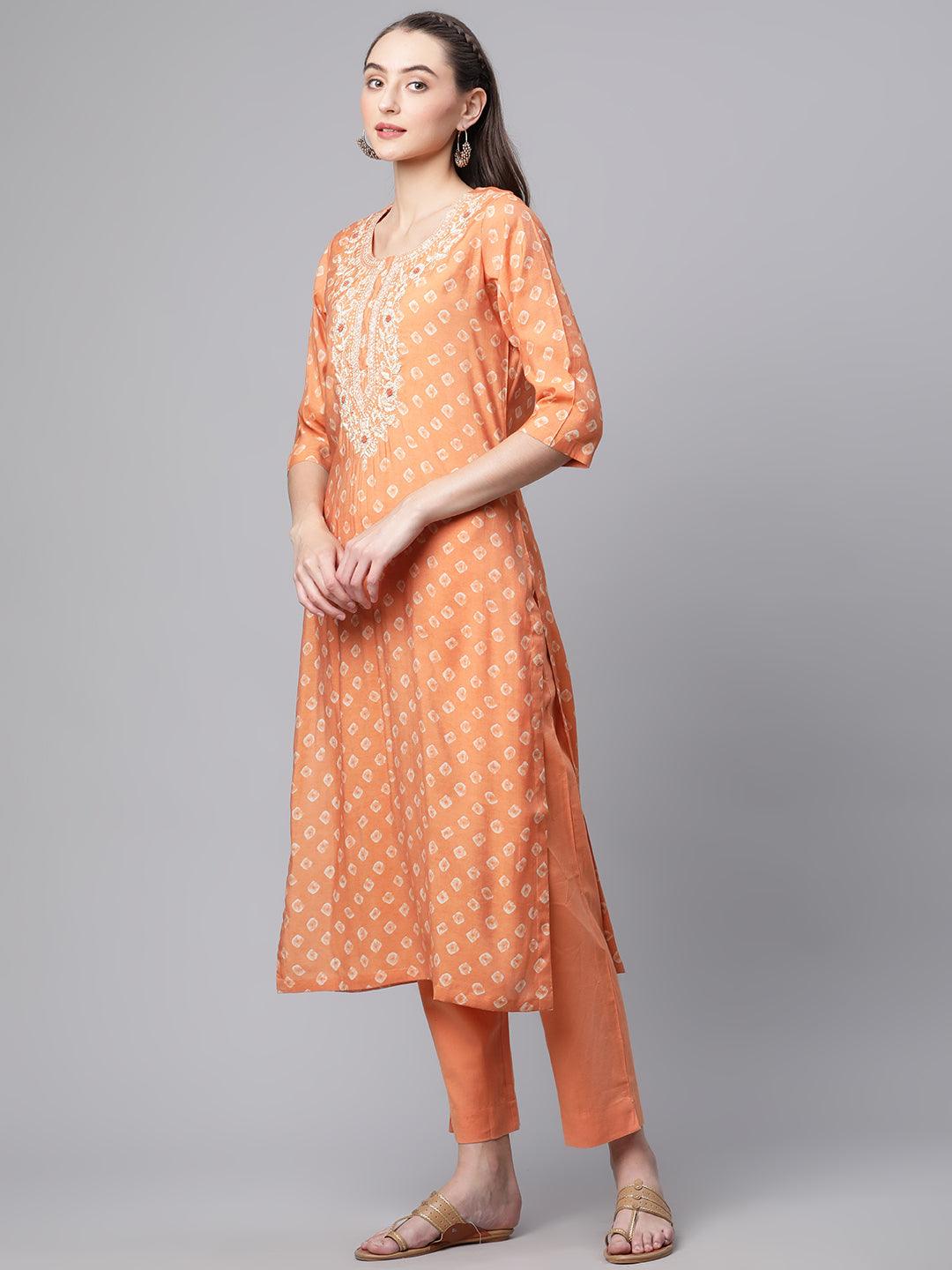 Divena Orange Chanderi Kurta Cotton pant set With Chiffon leheriya Dupatta - divenaworld.com