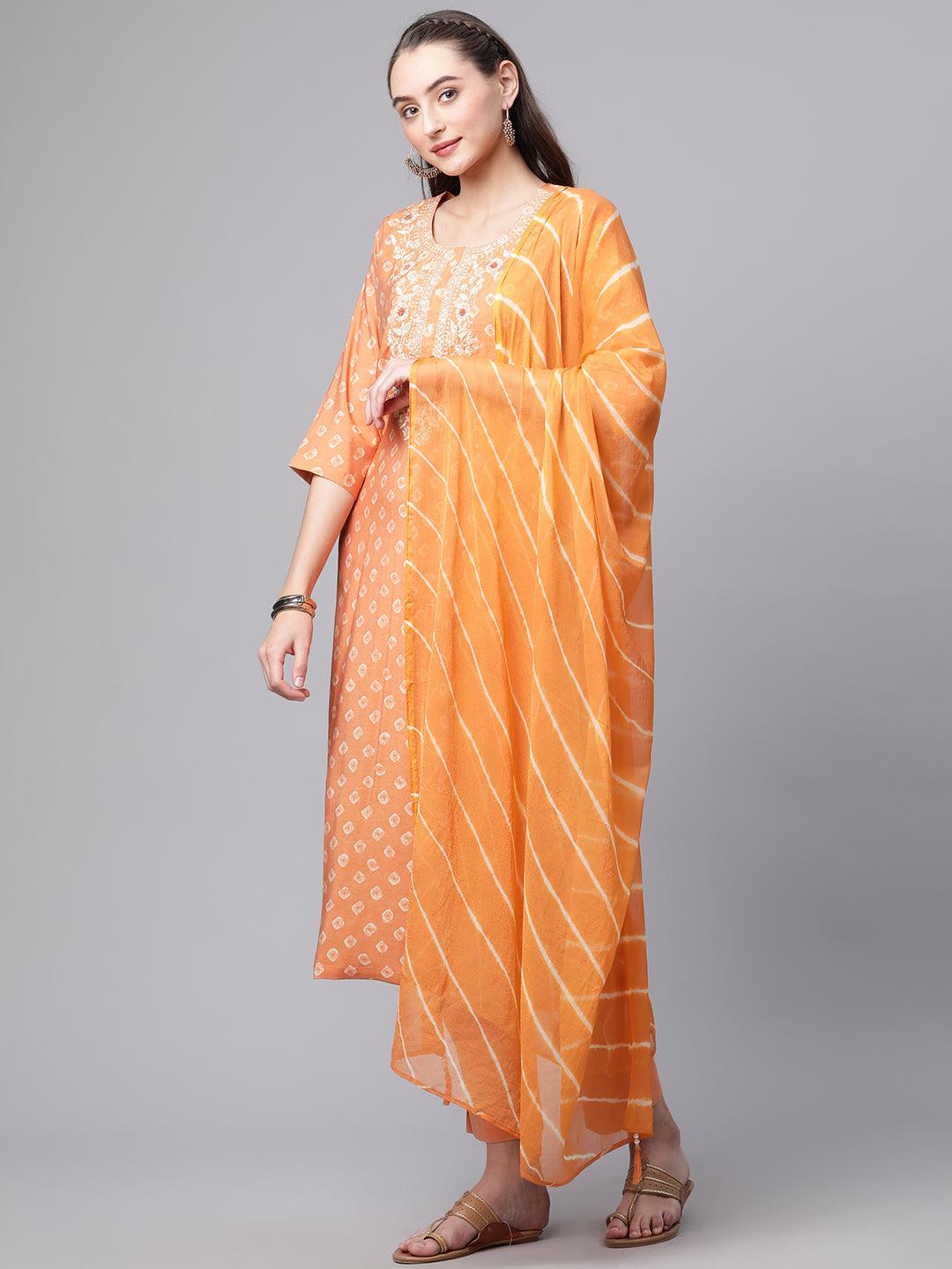 Divena Orange Chanderi Kurta Cotton pant set With Chiffon leheriya Dupatta - divenaworld.com