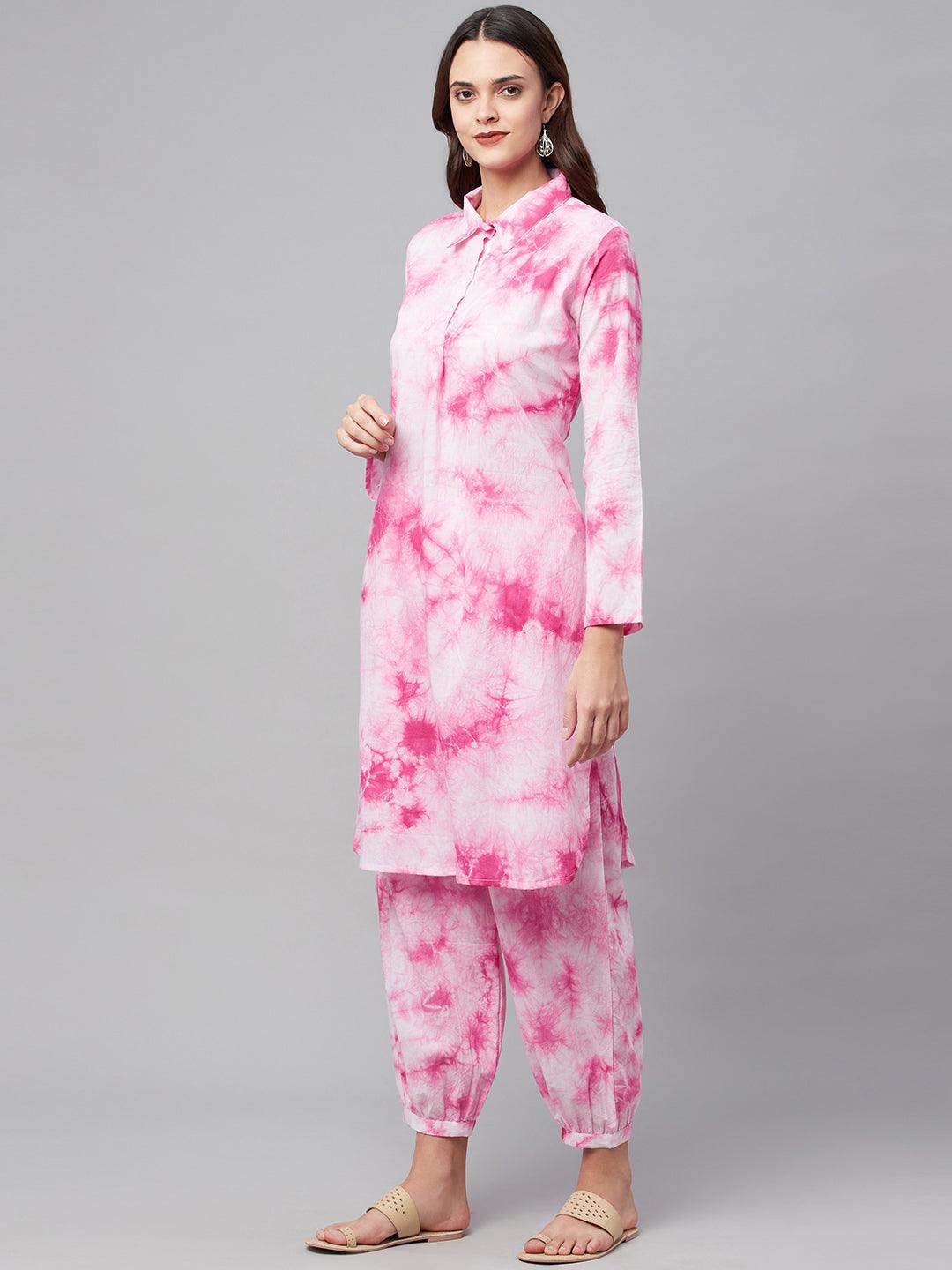 Divena Pink Cotton Shirt Style Kurta Hem Cuffed Pant Set - divena world-Mohi