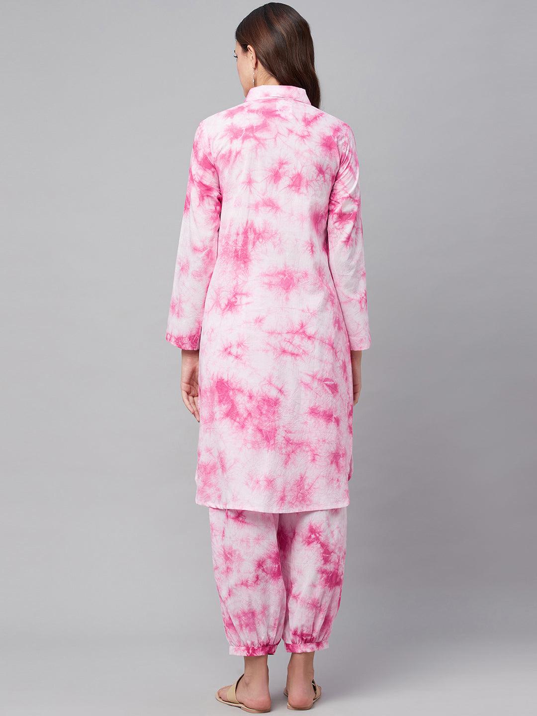 Divena Pink Cotton Shirt Style Kurta Hem Cuffed Pant Set - divena world-Mohi