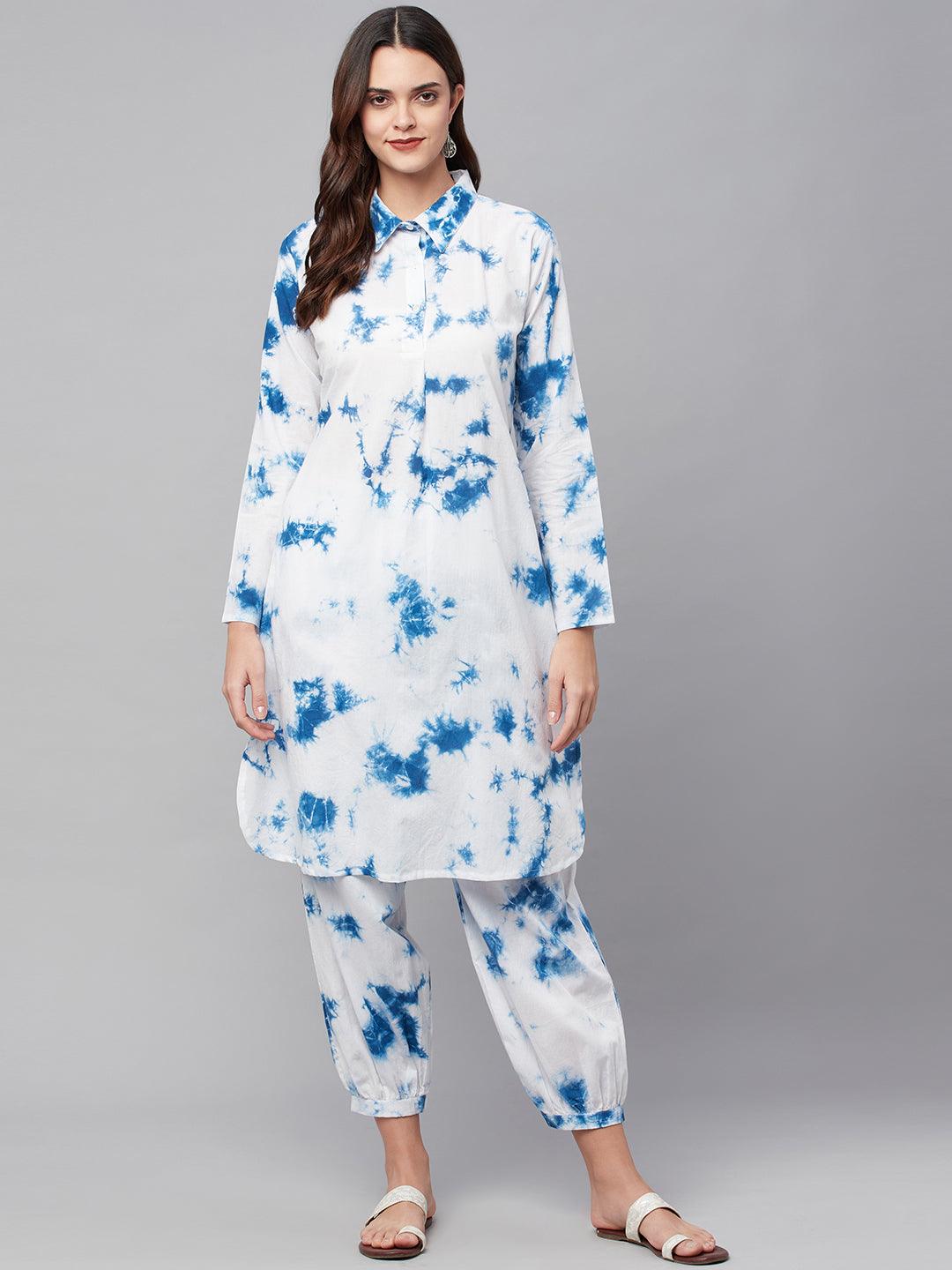 Divena Blue Cotton Shirt Style Kurta Hem Cuffed Pant Set - divena world-Mohi