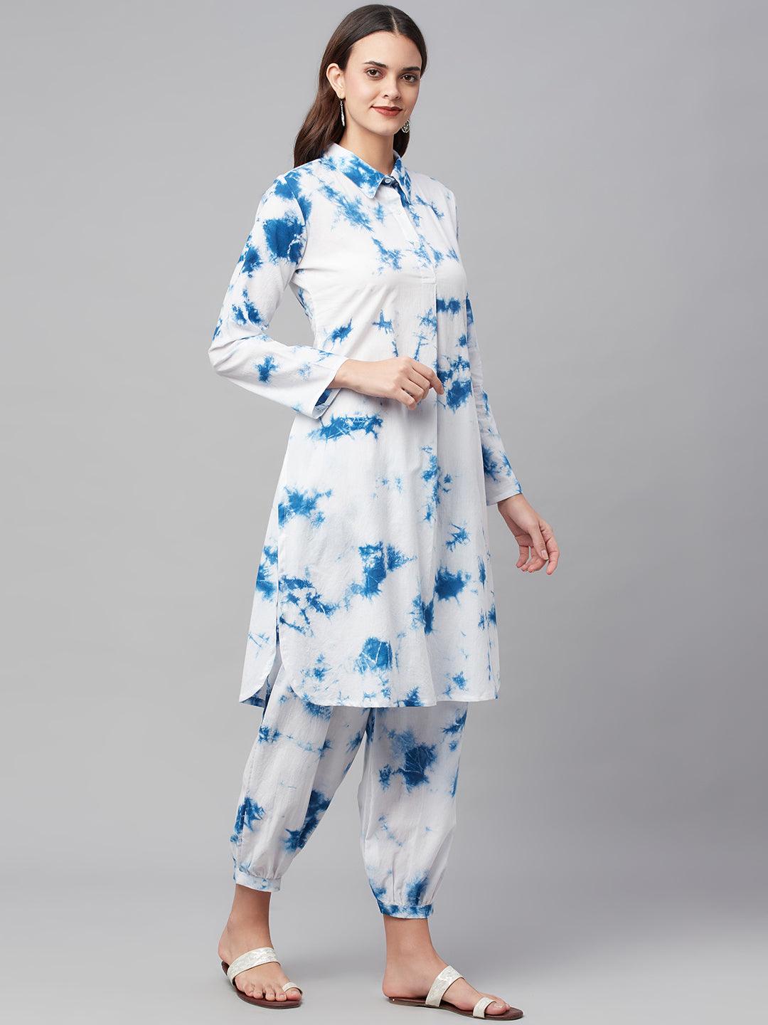 Divena Blue Cotton Shirt Style Kurta Hem Cuffed Pant Set - divena world-Mohi