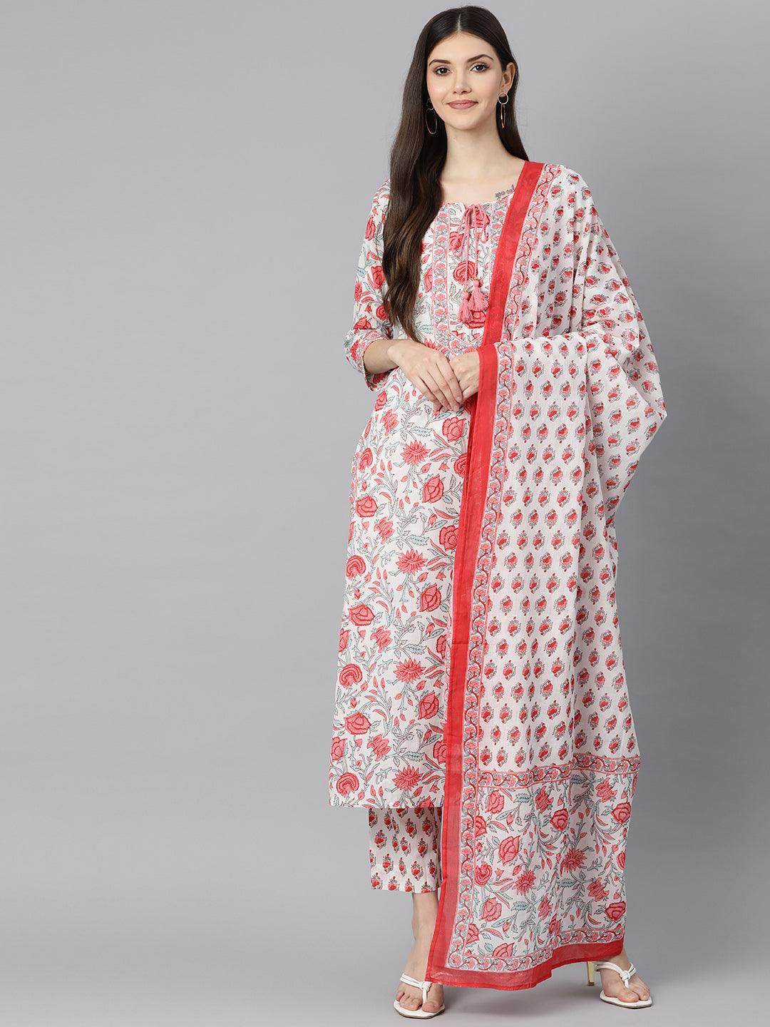 Divena White Floral Printed Kurta Pant Set with Dupatta - divena world-Mohi