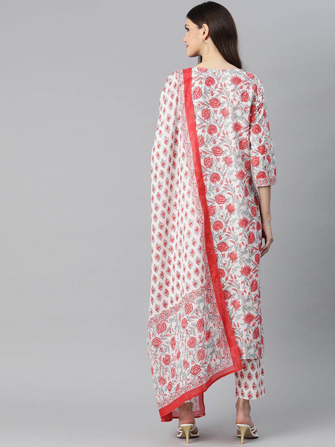 Divena White Floral Printed Kurta Pant Set with Dupatta - divena world-Mohi