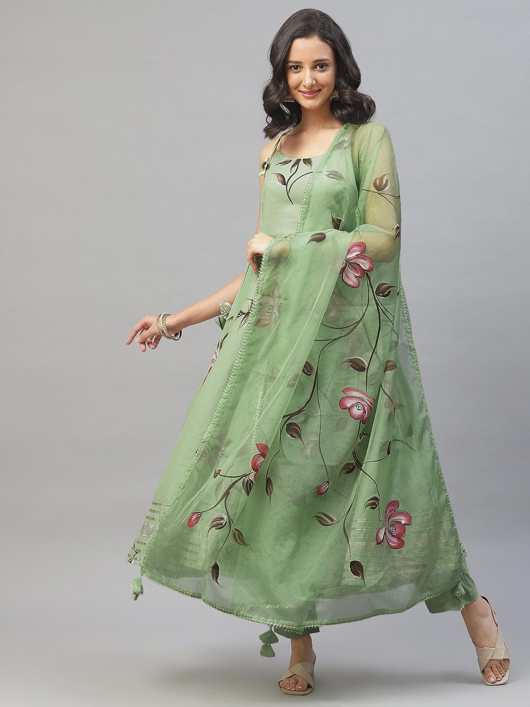 Divena Light Green Hand Painted Floral Anarkali Kurta Pant Set with Dupatta - divena world-Mohi