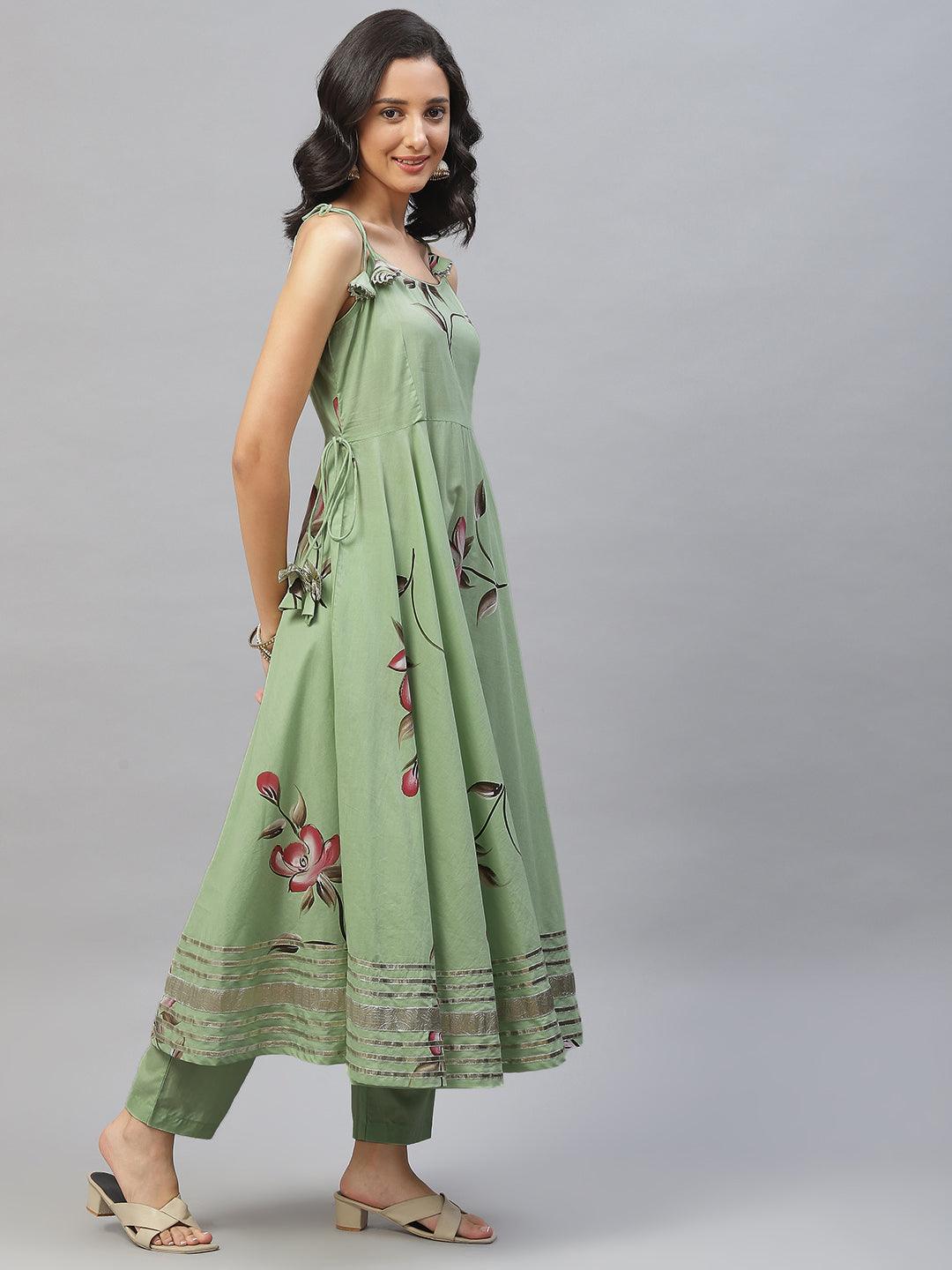 Divena Light Green Hand Painted Floral Anarkali Kurta Pant Set with Dupatta - divena world-Mohi