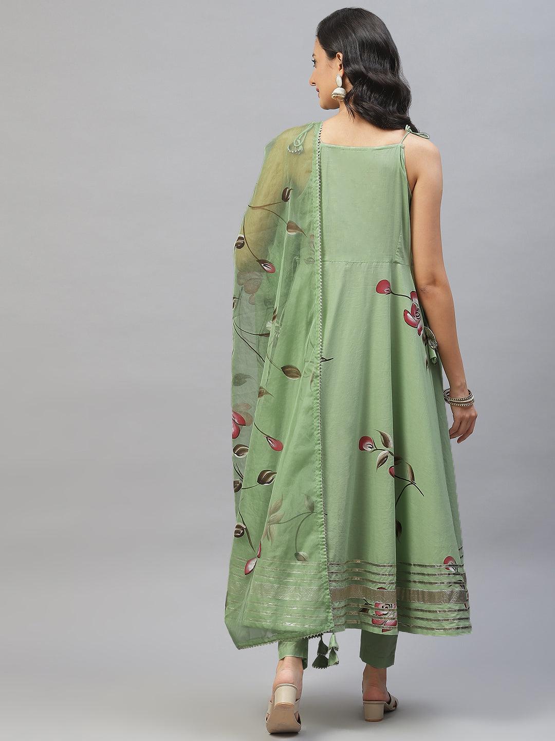 Divena Light Green Hand Painted Floral Anarkali Kurta Pant Set with Dupatta - divena world-Mohi