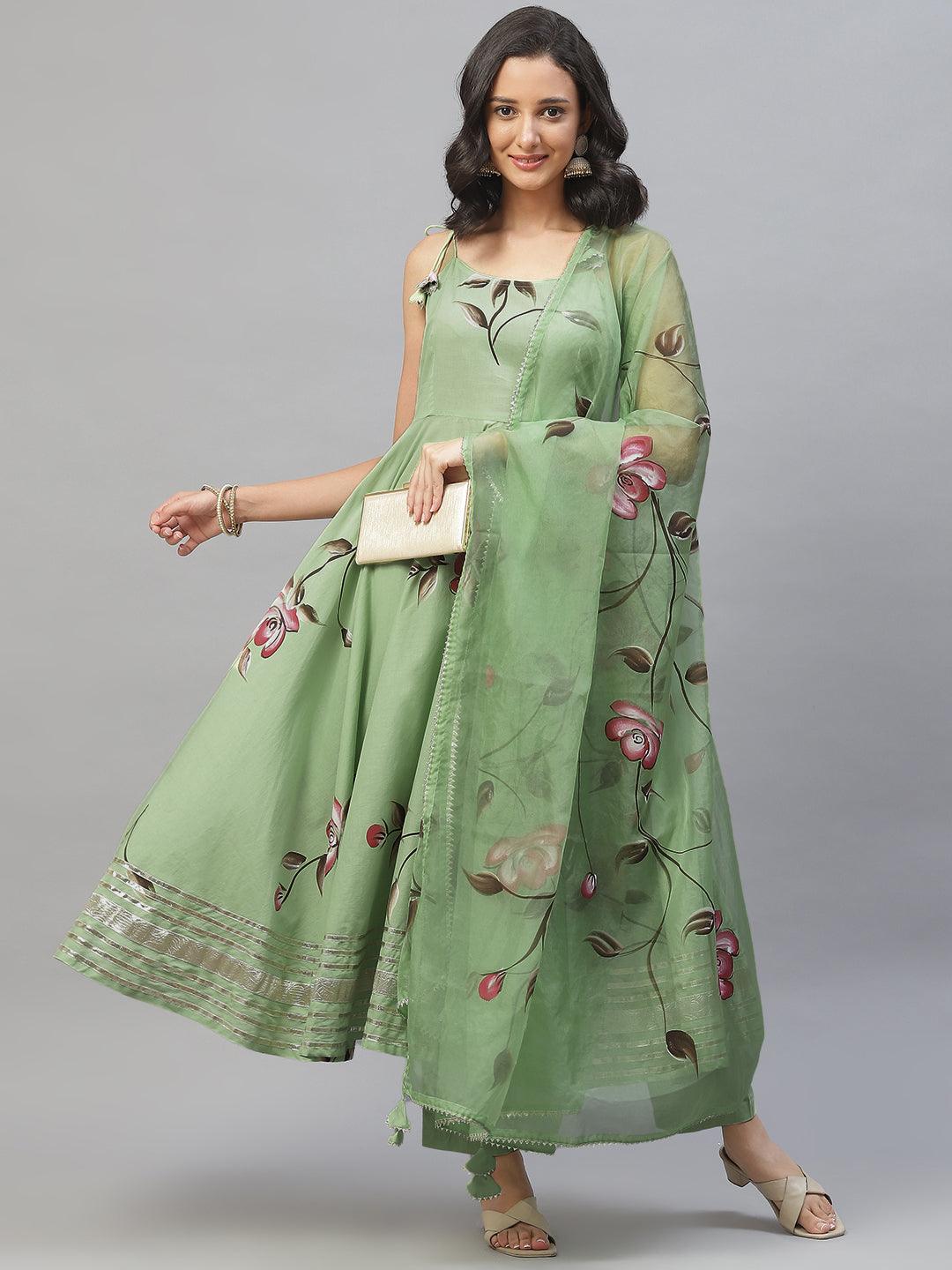 Divena Light Green Hand Painted Floral Anarkali Kurta Pant Set with Dupatta - divena world-Mohi