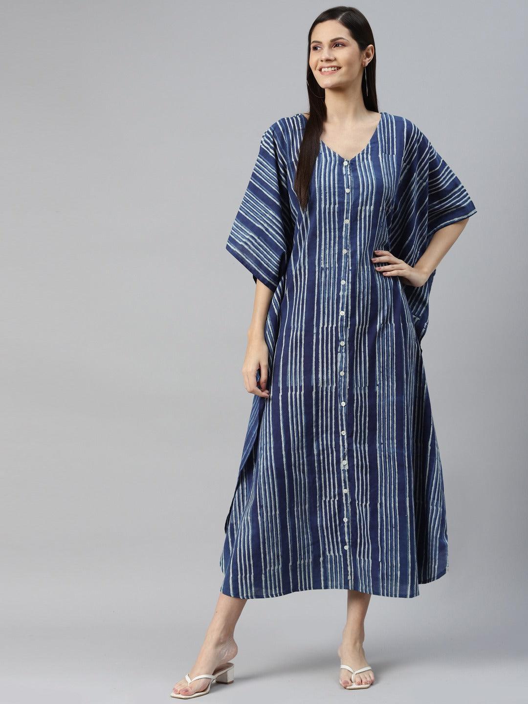 Divena Blue Hand Block Printed Striped Kaftan Dress - divena world-Mohi