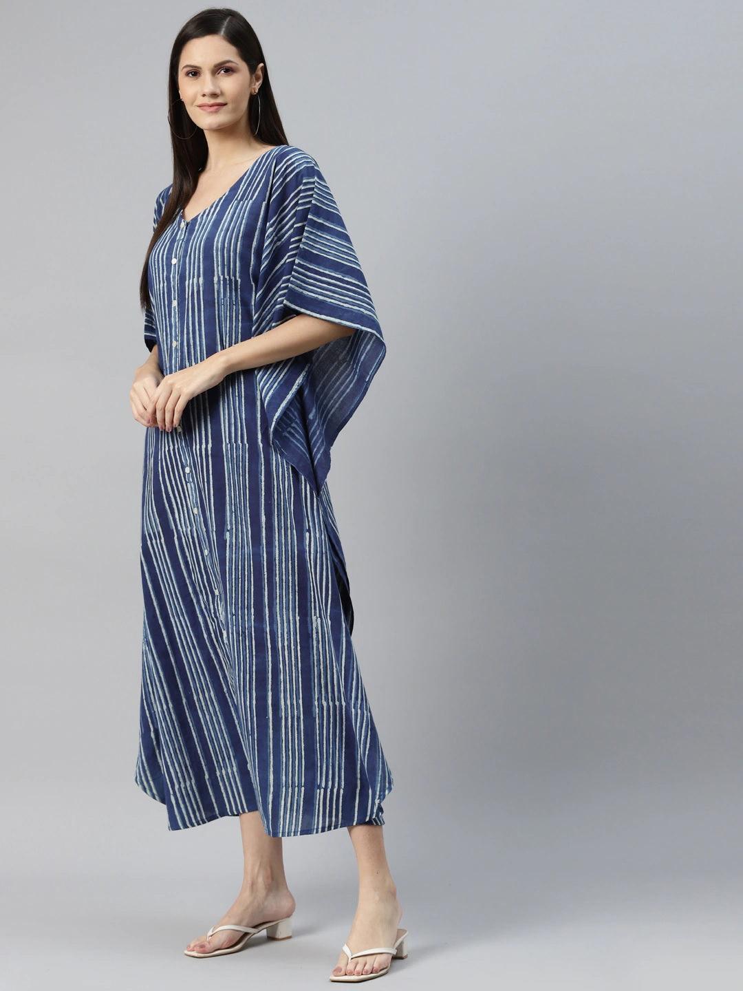 Divena Blue Hand Block Printed Striped Kaftan Dress - divena world-Mohi