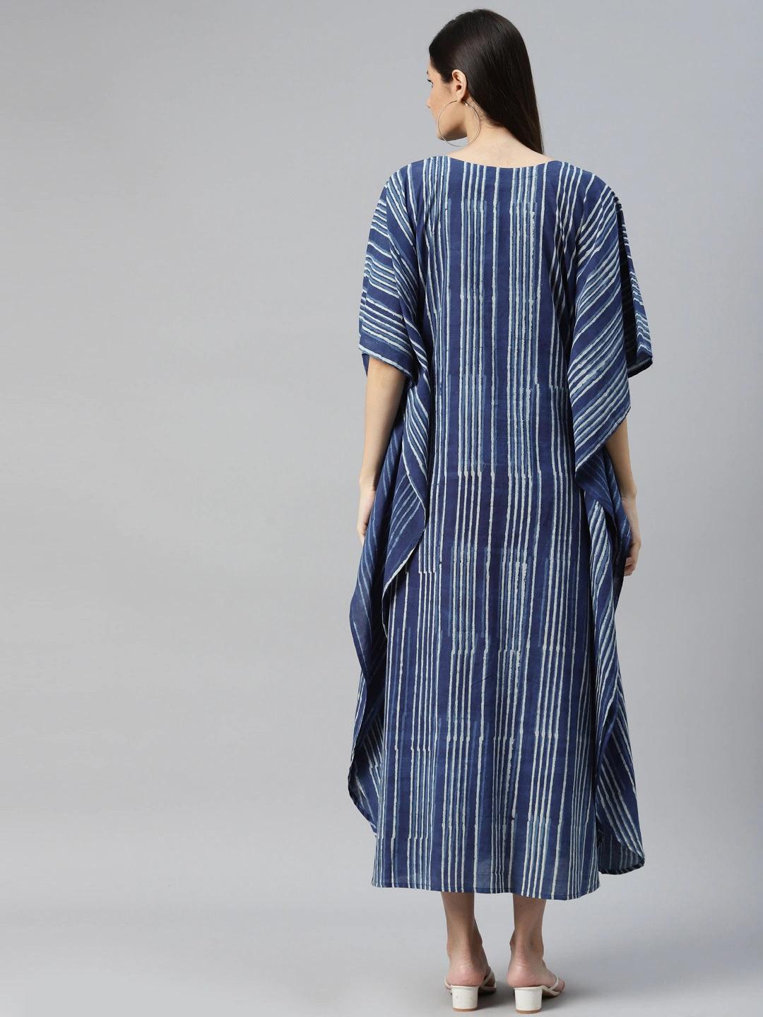 Divena Blue Hand Block Printed Striped Kaftan Dress - divena world-Mohi