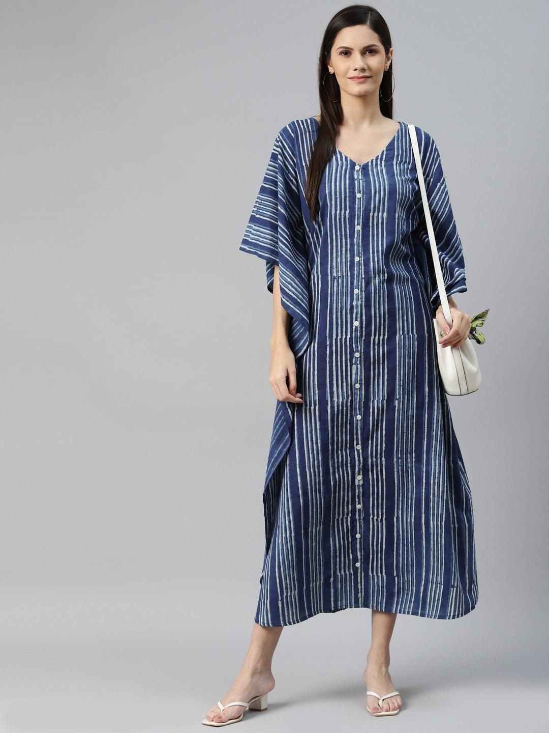 Divena Blue Hand Block Printed Striped Kaftan Dress - divena world-Mohi