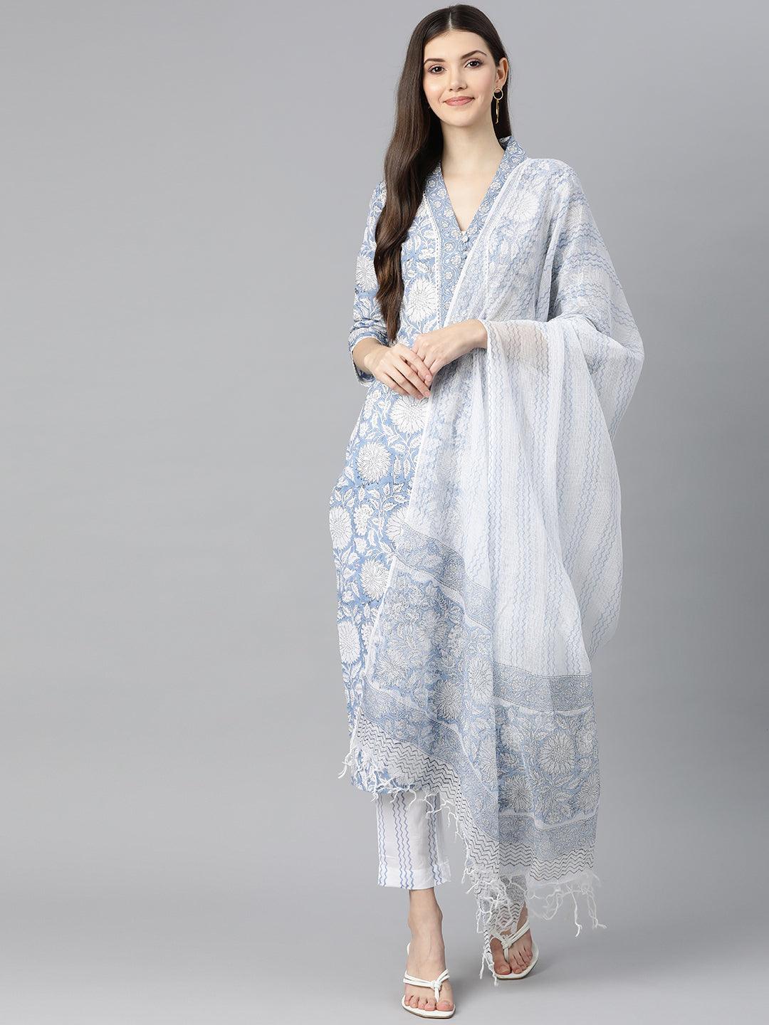 Divena Sky blue Hand Block Printed Straight kurta Pant Set with Dupatta - divena world-Mohi