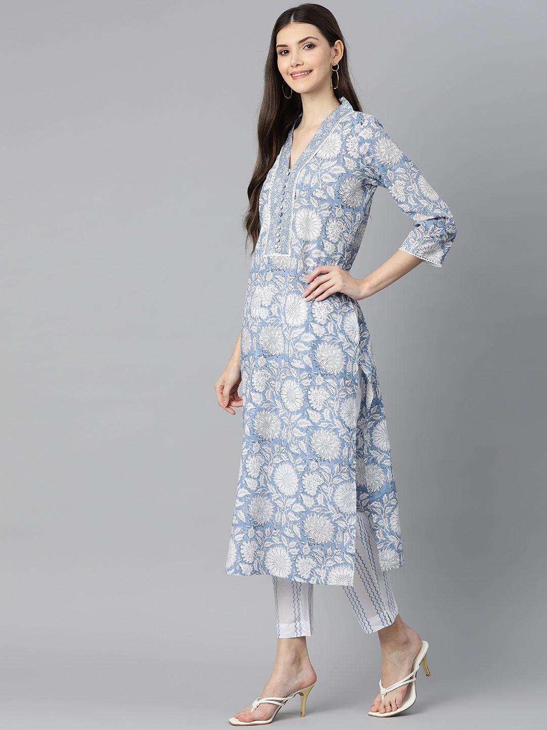 Divena Sky blue Hand Block Printed Straight kurta Pant Set with Dupatta - divena world-Mohi